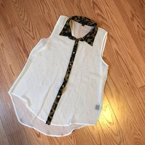 Sheer white and leopard button down blouse